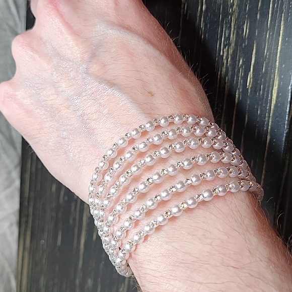 Faux Pearl and Rhinestone Layered Bracelet Cuff - Picture 5 of 5